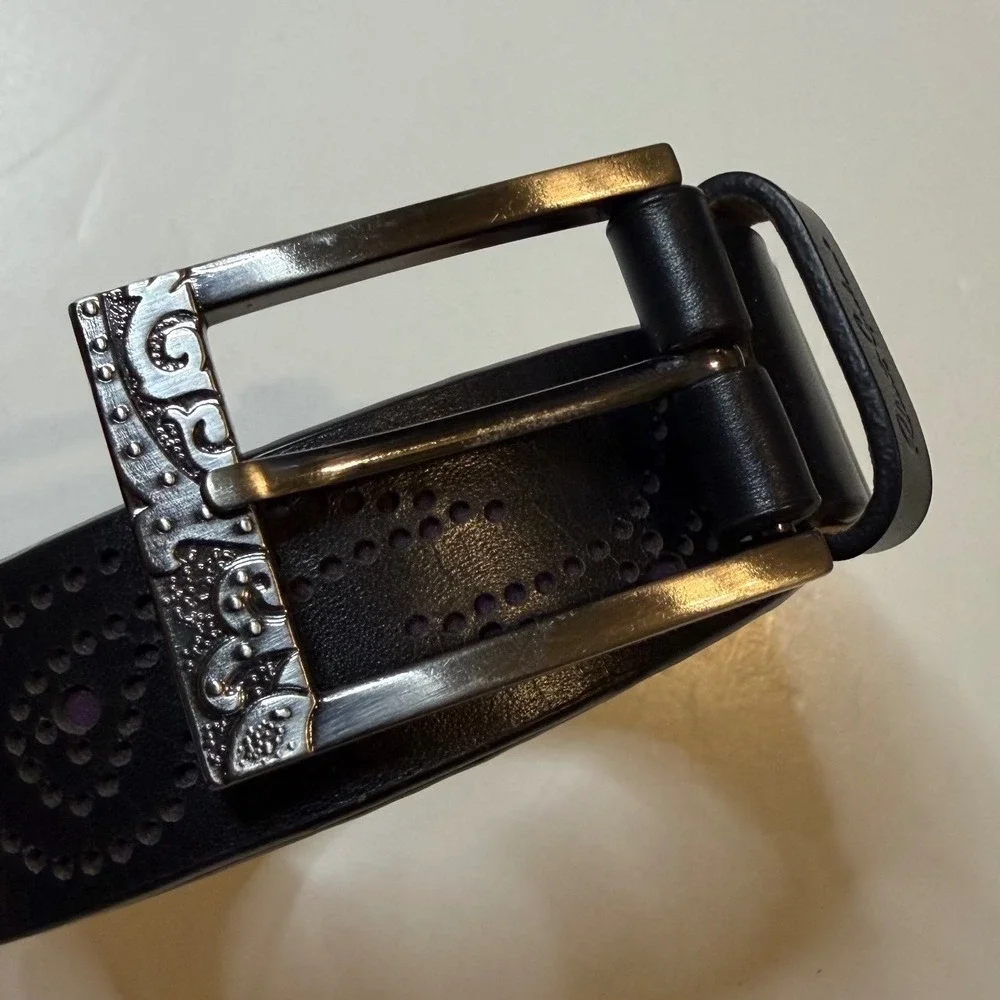 Robert Graham Belt Mens 32 Black Excellent Perforated Paisley Leather Engraved